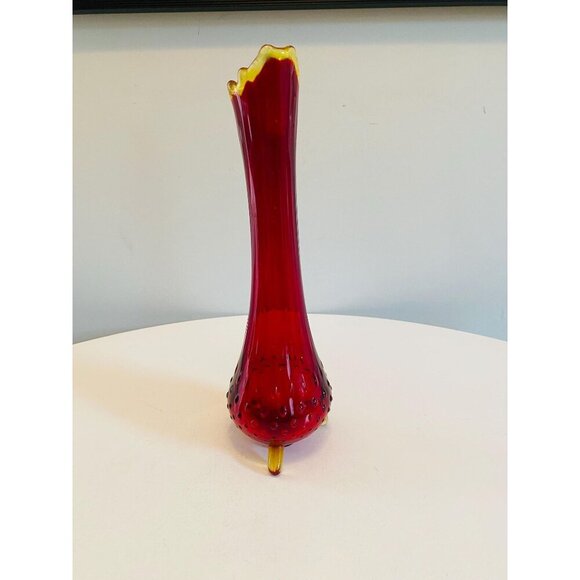 Vintage LE Smith Amberina Red Swung Vase, 3 Toe Hobnail Swung Vase 12 1/2" Tall - Picture 9 of 9